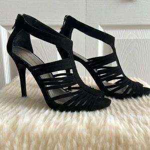 BCBGeneration, size 7.5, black suede gladiator heels sandals, like new